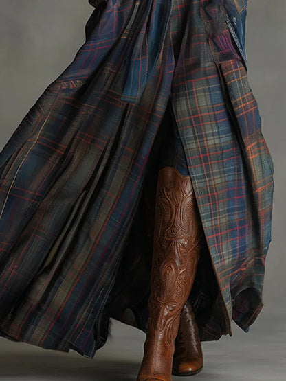 Maxi Jurk met Geruite Rok en Tailleband